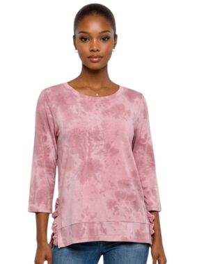 Cupio Pink Tie-Dye Crewneck Side Ruffle Detail 3/4 Sleeve Top Size S